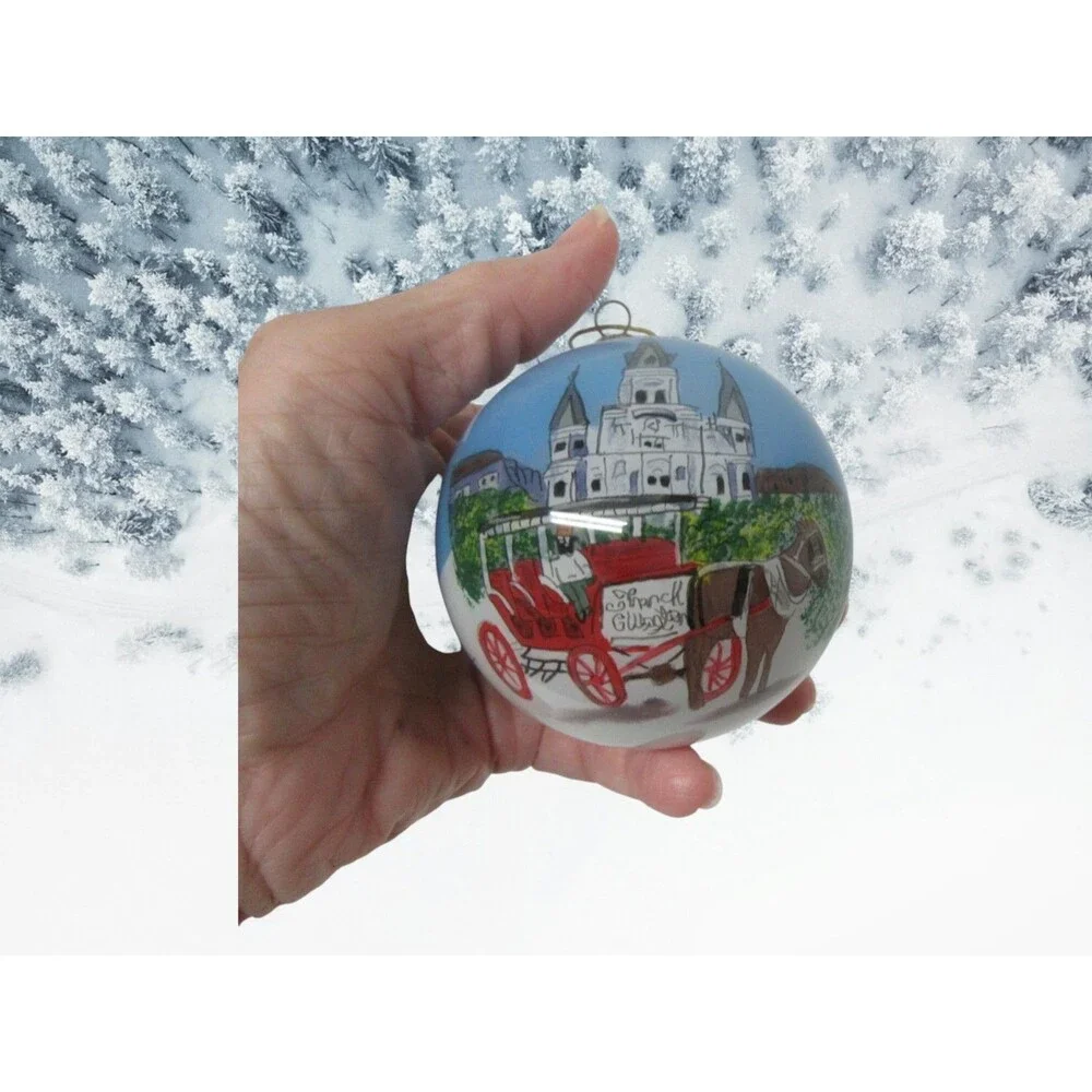 Vintage Ne'Qwa Style New Orleans St. Louis Cathedral Hand-Painted Glass Ball Chr
